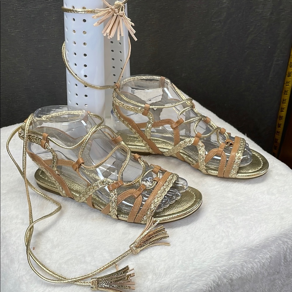 BCBGeneration Gold and Tan‎ Strappy Gladiator Sandals